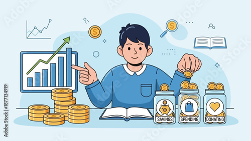 Young person learning about financial growth and savings with stacks of coins and jars