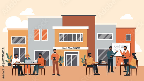 Dynamic illustration of a modern community center where diverse groups engage in collaborative work, learning, and social interaction, fostering growth and connection