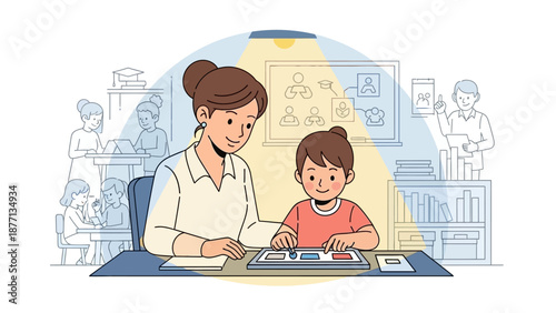 Illustration of a teacher guiding a young student through an educational activity with a bright light illuminating their workspace