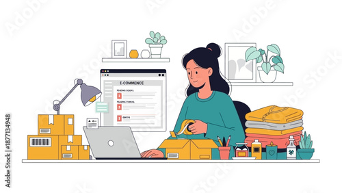 Female entrepreneur efficiently manages her e-commerce business, packing online orders from a home office setup, symbolizing modern small business operations and digital retail fulfillment