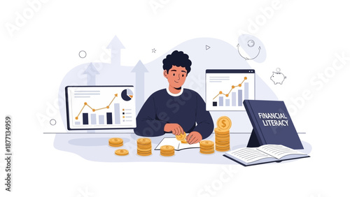 Financial Literacy and Investment Growth Concept with Stock Charts, Coins, and Person Analyzing Data