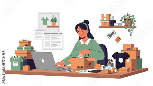 E-commerce business owner packing orders with a laptop at her desk filled with merchandise and shipping supplies