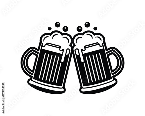 Two black silhouette beer mugs clinking with abundant bubbles on a white background toasting