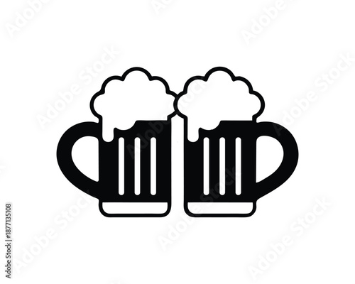 Two black silhouette beer mugs with overflowing foam on a white background drink