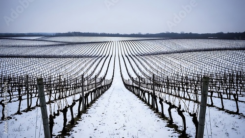 Winter vineyard landscape under a blanket of snow, showcasing rows of dormant grapevines stretching towards the horizon