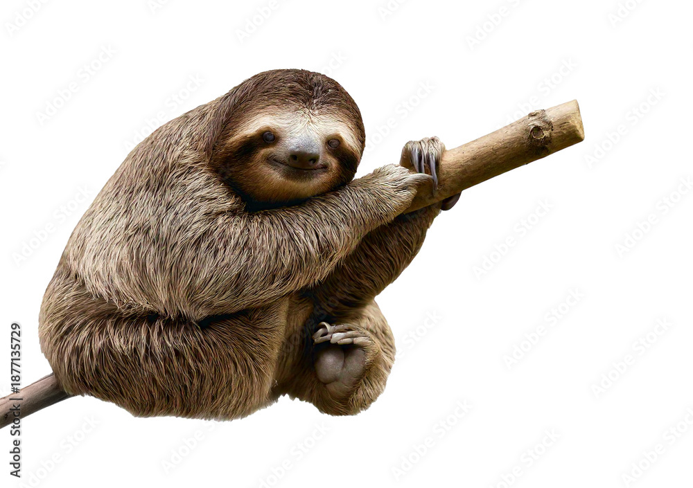 Fototapeta premium Adorable sloth smiling while gripping a stick isolated on transparent or white background