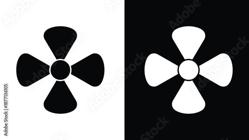 A black fan symbol is placed on a white background and a white fan symbol is placed on a black background.