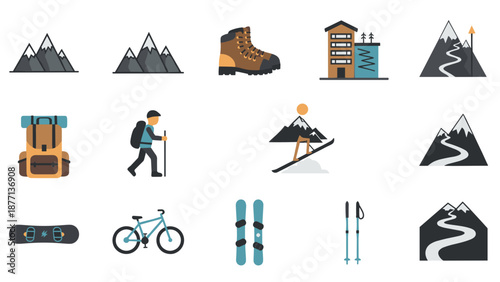 Collection of Outdoor Activities and Mountain Landscapes with Gear and Movement.