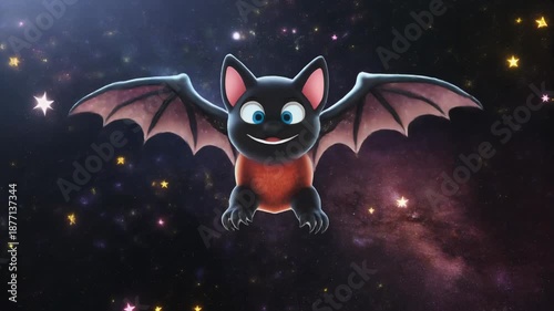 Adorable cartoon bat flying in the starry night sky with a cheerful expression.