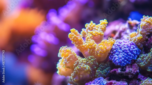 A vibrant macro photograph showcases colorful coral formations with intricate textures and details, highlighting the beauty and diversity of marine ecosystems in a close-up view