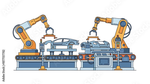 Car manufacturing line with robotic arms