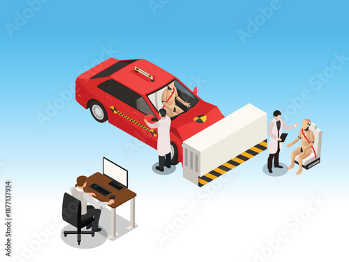 Automotive Safety Crash Test and Dummy Simulation Concept 3d isometric vector illustration