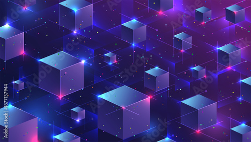 Technology Background with 3D Isometric Cubes in Digital Space and Neon Purple Blue Light Particles