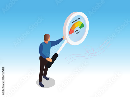 Man Monitoring Air Quality Index with Magnifying Glass 3d isometric vector illustration