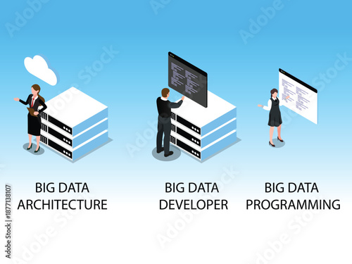 Big Data Concept with Architecture, Developer, and Programming Professional Roles 3d isometric vector illustration
