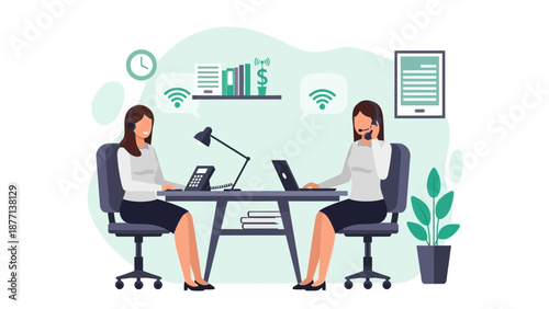 Customer Service Team Working at Desks with Headsets and Laptops