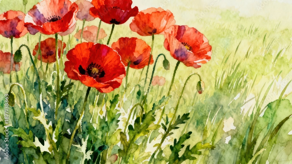 Naklejka premium Vibrant Poppy Field in Watercolor