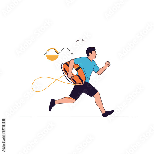 Lifeguard running with an orange lifebuoy and rope during a rescue mission on a sunny day with clouds in background.