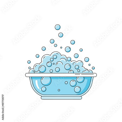Illustration of a glass bowl filled with blue water and plenty of light blue soap bubbles floating upwards.
