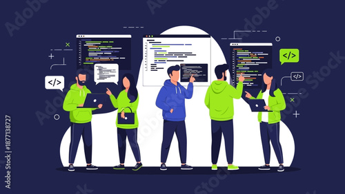 Diverse team of programmers collaborating on coding projects with code screens