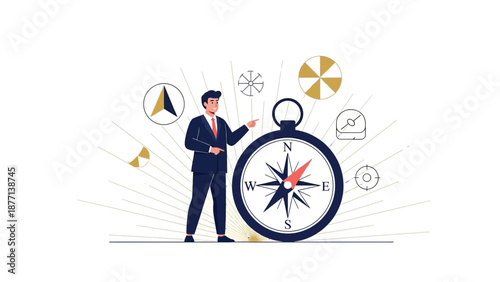 Businessman pointing at compass, symbolizing direction, strategy, and business goals