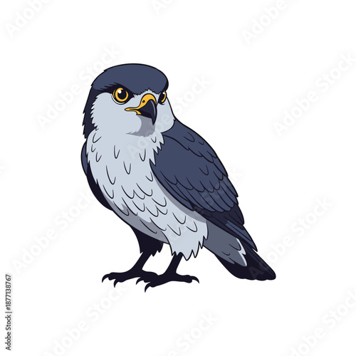 Detailed illustration of a majestic hawk with sharp yellow eyes and grey plumage standing and looking to the side.