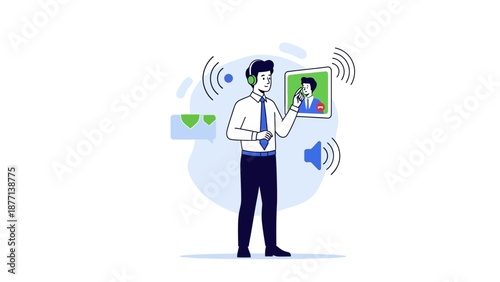 Business man with headphones video calling on tablet, communication concept
