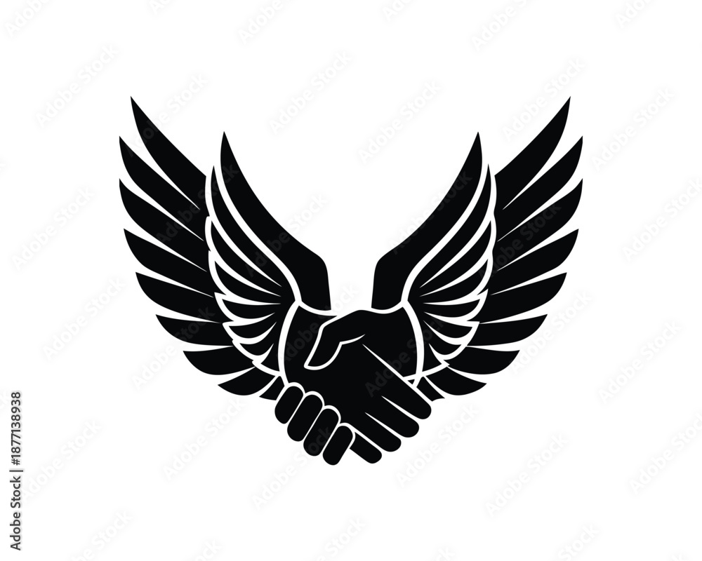 Obraz premium Black silhouette of a handshake with large wings on a white background agreement partnership