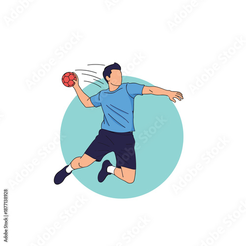 Male athlete in a blue shirt and black shorts jumping while throwing a red handball during a competitive game.