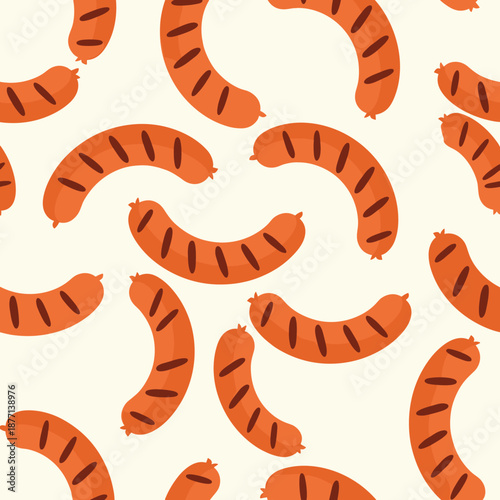 Seamless repeating pattern of grilled orange sausages with dark grill marks scattered randomly on a light off-white background.