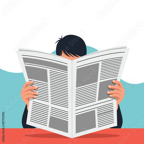 Illustration of a person reading a large newspaper that completely covers their upper body while sitting at a bright red table.