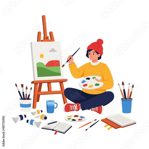 Artist painting landscape on canvas, surrounded by art supplies, creative hobby