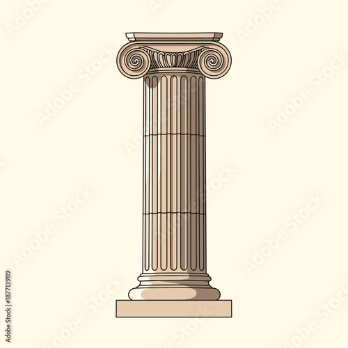 Classical architectural column in the ionic style with elegant scroll details and a fluted shaft isolated on a light cream background.