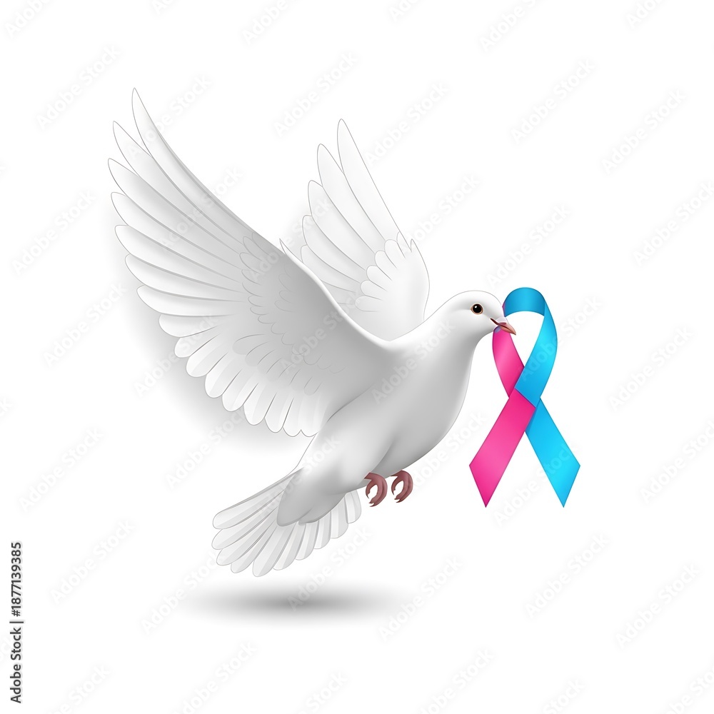 Obraz premium Dove Carrying Pink and Blue Ribbon - Symbol of Pregnancy and Infant Loss Awareness.