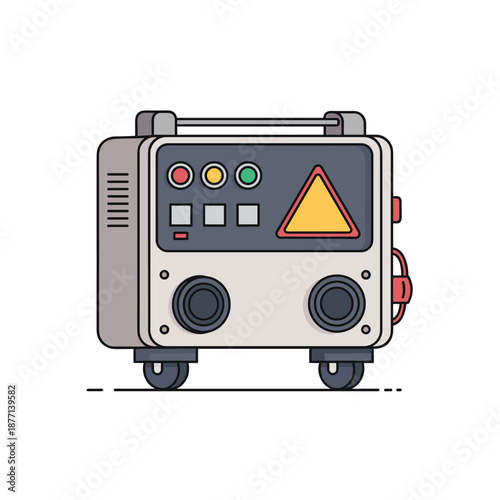 Industrial welding machine or power generator unit with various control buttons and a yellow warning symbol on a white background.