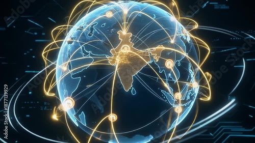 Digital globe of interconnected world with India highlighted in a futuristic style