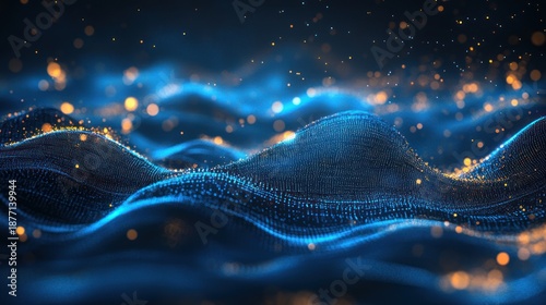 Abstract blue glowing digital landscape with shimmering golden particles and flowing waves of data