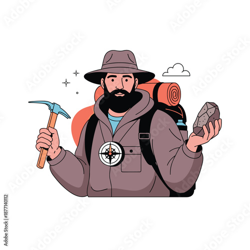 Bearded explorer or geologist carrying a backpack and holding an ice axe and a rock specimen for discovery adventures.