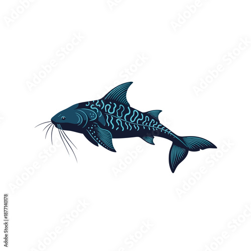 Dark blue catfish with intricate light patterns on its body swimming isolated on a white background for fish lovers.