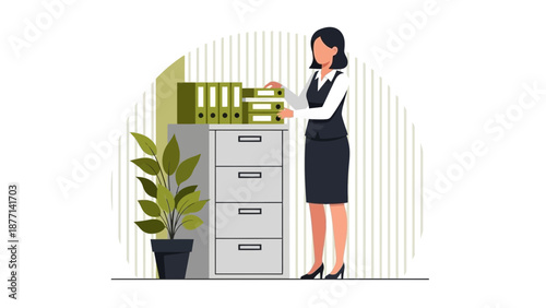 Woman Organizing Files in Office Cabinet with Plant