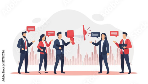 Business Team Communicating Ideas with Megaphone and Speech Bubbles