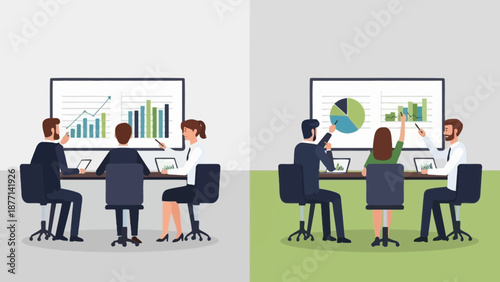 Business meeting with charts and graphs on screen, diverse team discussing strategy.