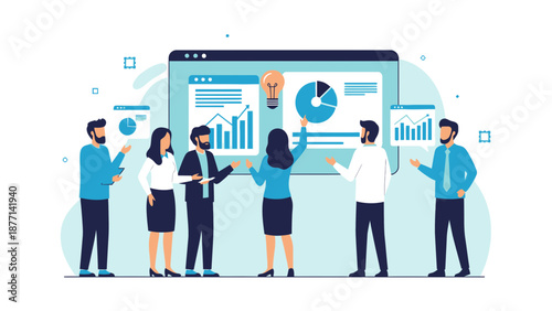 Business Team Discussing Data Analytics and Strategy on Digital Screen