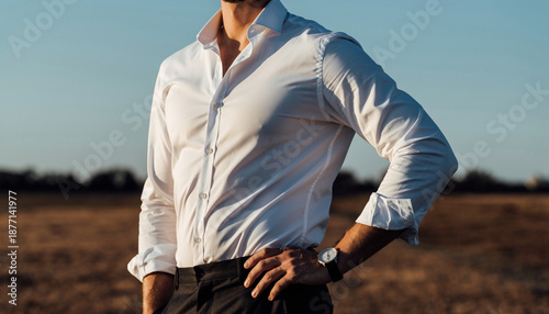 Man in a white shirt standing with his hand on his waist