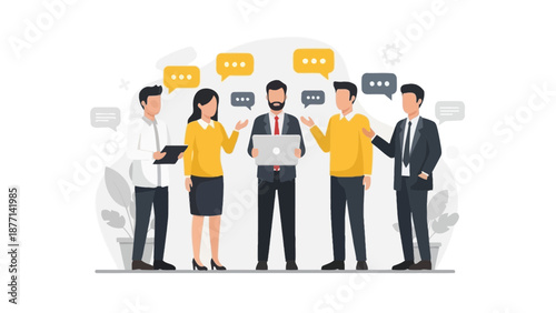 Diverse business team discussing ideas with chat bubbles and laptop