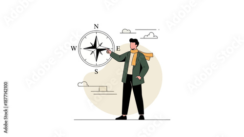 Man with Compass, Navigation and Direction Concept, Vector Illustration
