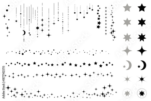 星空をイメージしたシンプルな飾り罫線・ラインのイラストセット　キラキラ　点線