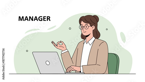Businesswoman manager working on laptop, gesturing ok sign, modern office illustration