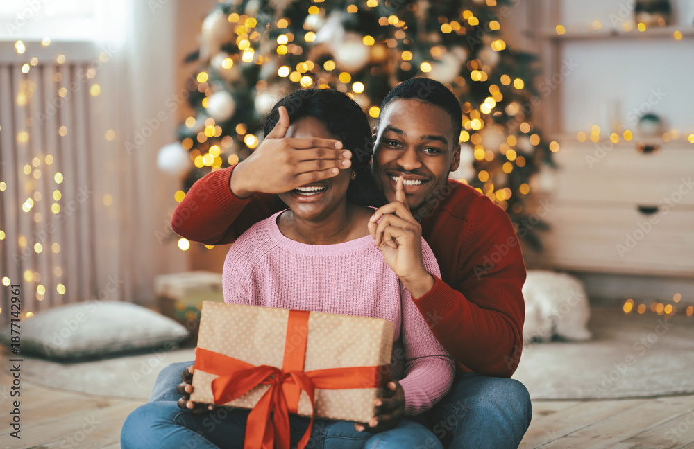 Obraz premium Two people sit indoors by a Christmas tree. One person covers the other's eyes while holding a gift. They show joy during the holiday season in a cozy room with lights.