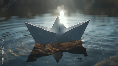 White Origami Paper Boat Floating on Blue Water Surface Video.